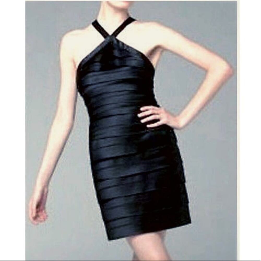 BCBGMaxAzria Satin Halter Tiered Dress Black 2